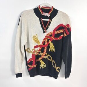 Vintage 90s Nautical Rope Chain Sweater Small Coastal Grandpa Yacht Club Knit